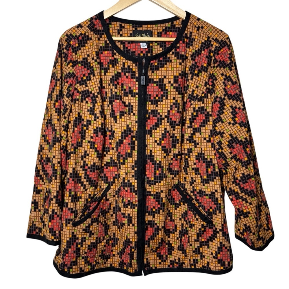 Bob Mackie Wearable Art Jacket 2X Zip Up Orange Red Tetris Geo Eclectic Pockets